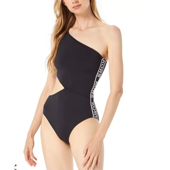 Michael Kors Cut-Out One-Shoulder One-Piece Swimsuit Side-Logo Black White 10 - Picture 4 of 9